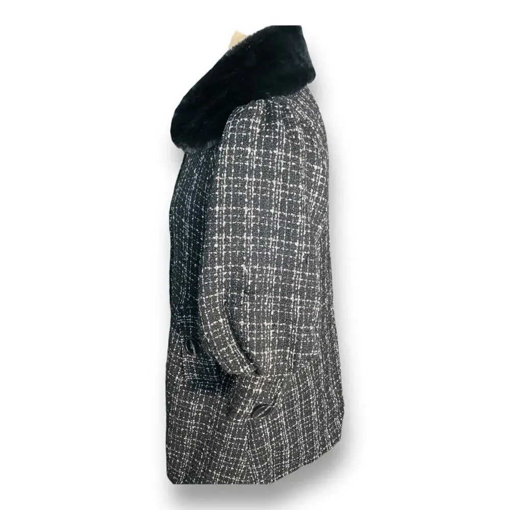 Hazel‎ Anthropologie Black White Tweed Coat Faux Fur Collar Puff Sleeves Small